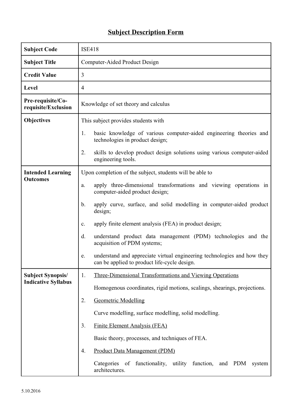 C5. Definitive Course Document and Course File