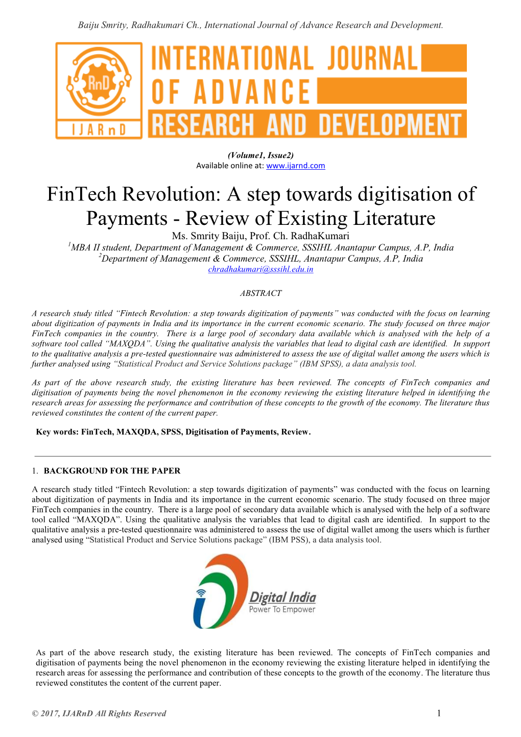 Fintech Revolution: a Step Towards Digitisation of Payments - Review of Existing Literature Ms