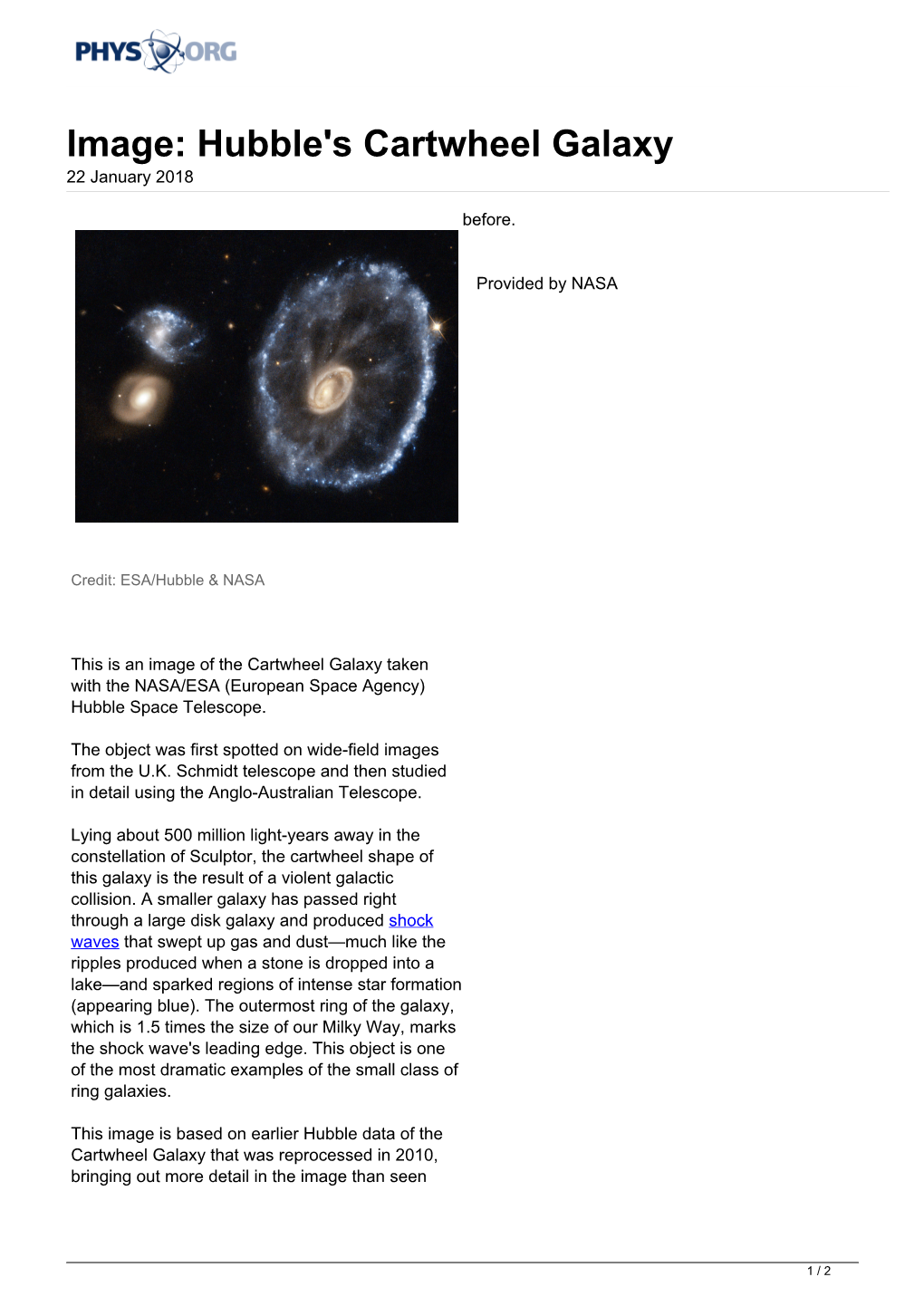 Hubble's Cartwheel Galaxy 22 January 2018