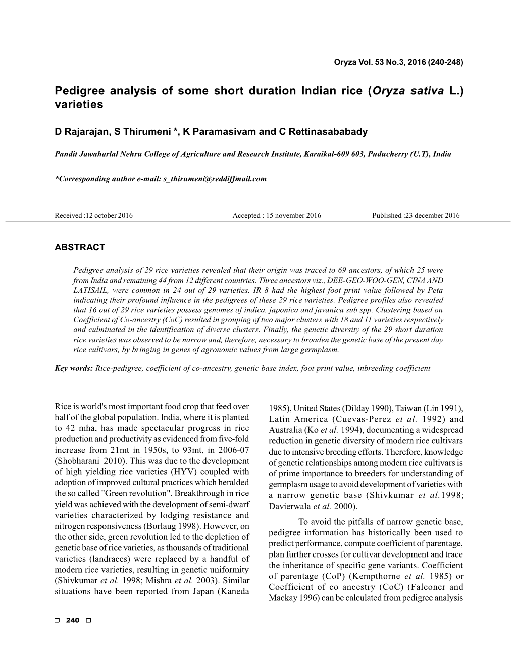 Pedigree Analysis of Some Short Duration Indian Rice (Oryza Sativa L.) Varieties