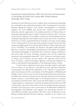 Inventing the Social in Romania, 1848–1914: Networks and Laboratories of Knowledge