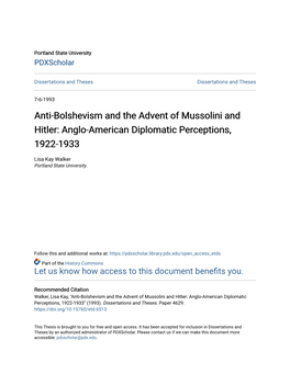 Anti-Bolshevism and the Advent of Mussolini and Hitler: Anglo-American Diplomatic Perceptions, 1922-1933