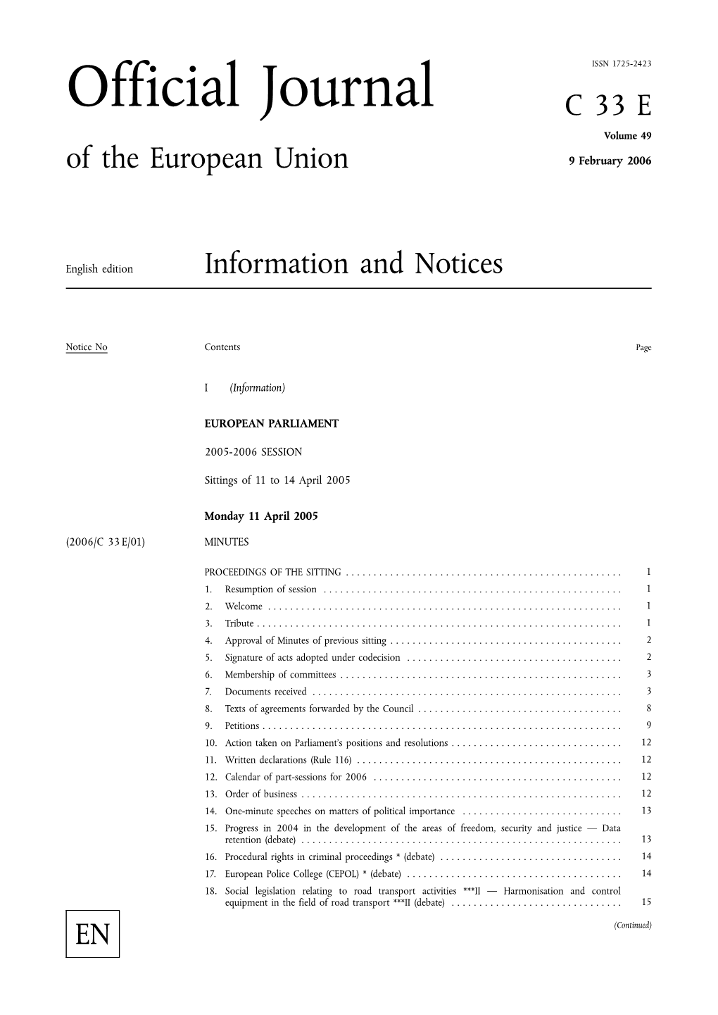 Official Journal C33E Volume 49 of the European Union 9 February 2006