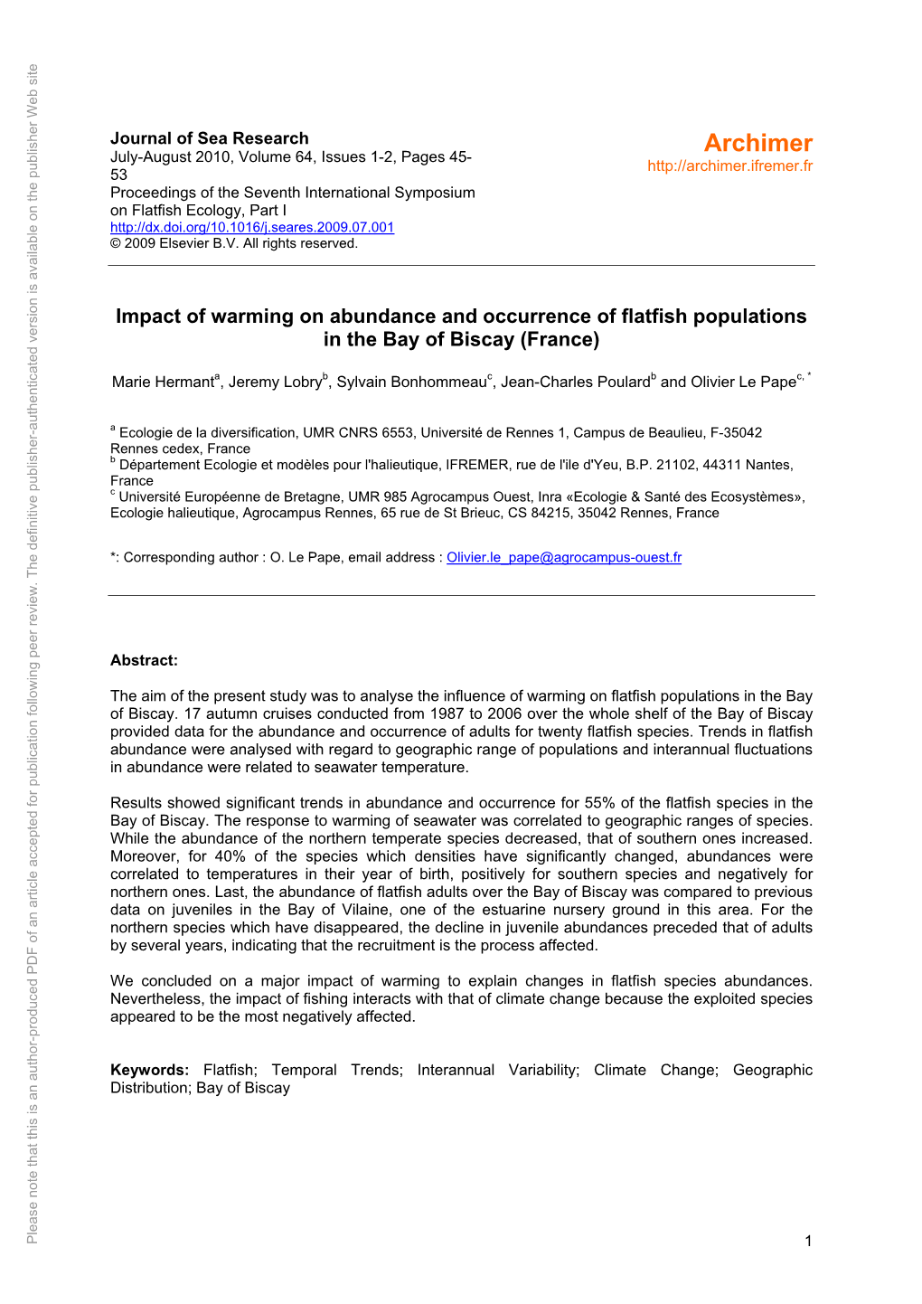 Impact of Warming on Abundance and Occurrence of Flatfish Populations In