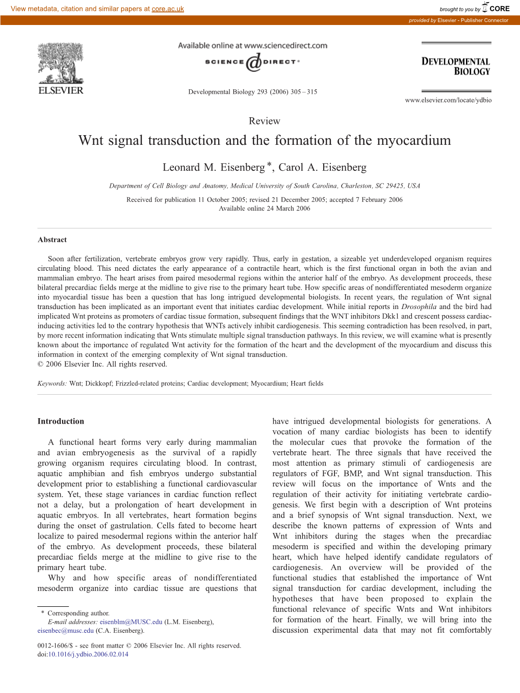 Wnt Signal Transduction and the Formation of the Myocardium ⁎ Leonard M