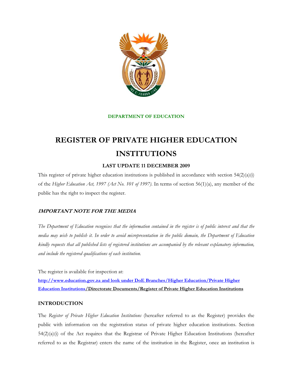 Register of Private Higher Education Institutions