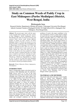 Study on Common Weeds of Paddy Crop in East Midnapore (Purbo Medinipur) District, West Bengal, India
