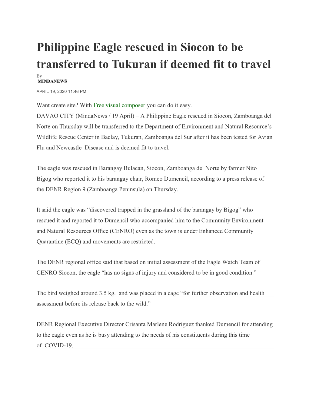 Philippine Eagle Rescued in Siocon to Be Transferred to Tukuran If Deemed Fit to Travel by MINDANEWS - APRIL 19, 2020 11:46 PM