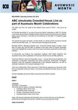 ABC Simulcasts Crowded House Live As Part of Ausmusic Month Celebrations