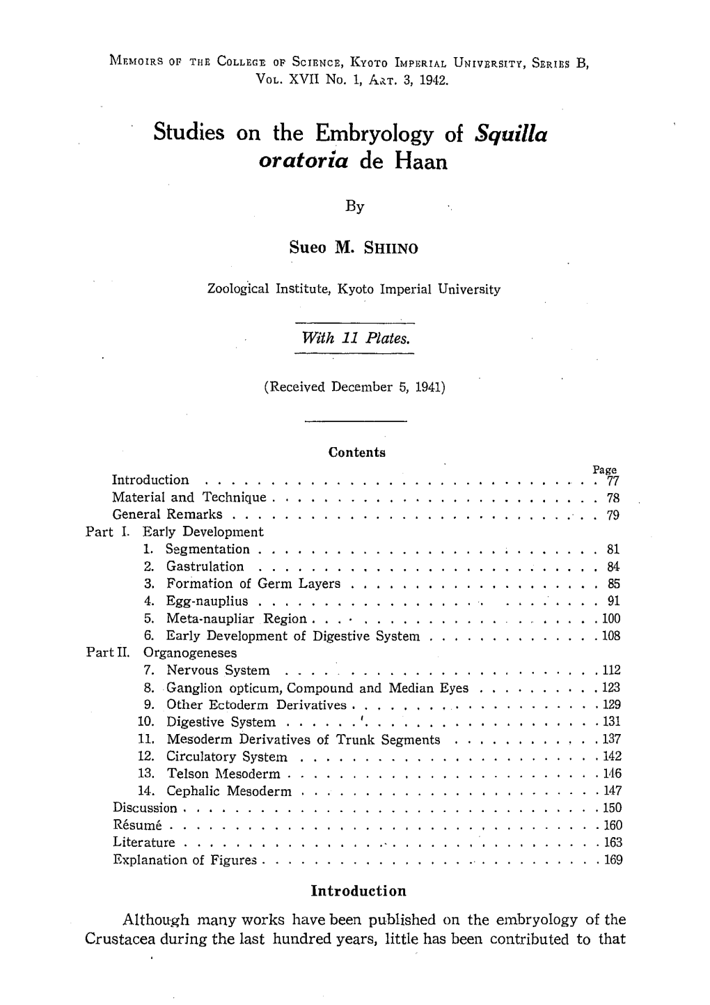 Studies on the Embryology of Squilla Aratoria De Haan