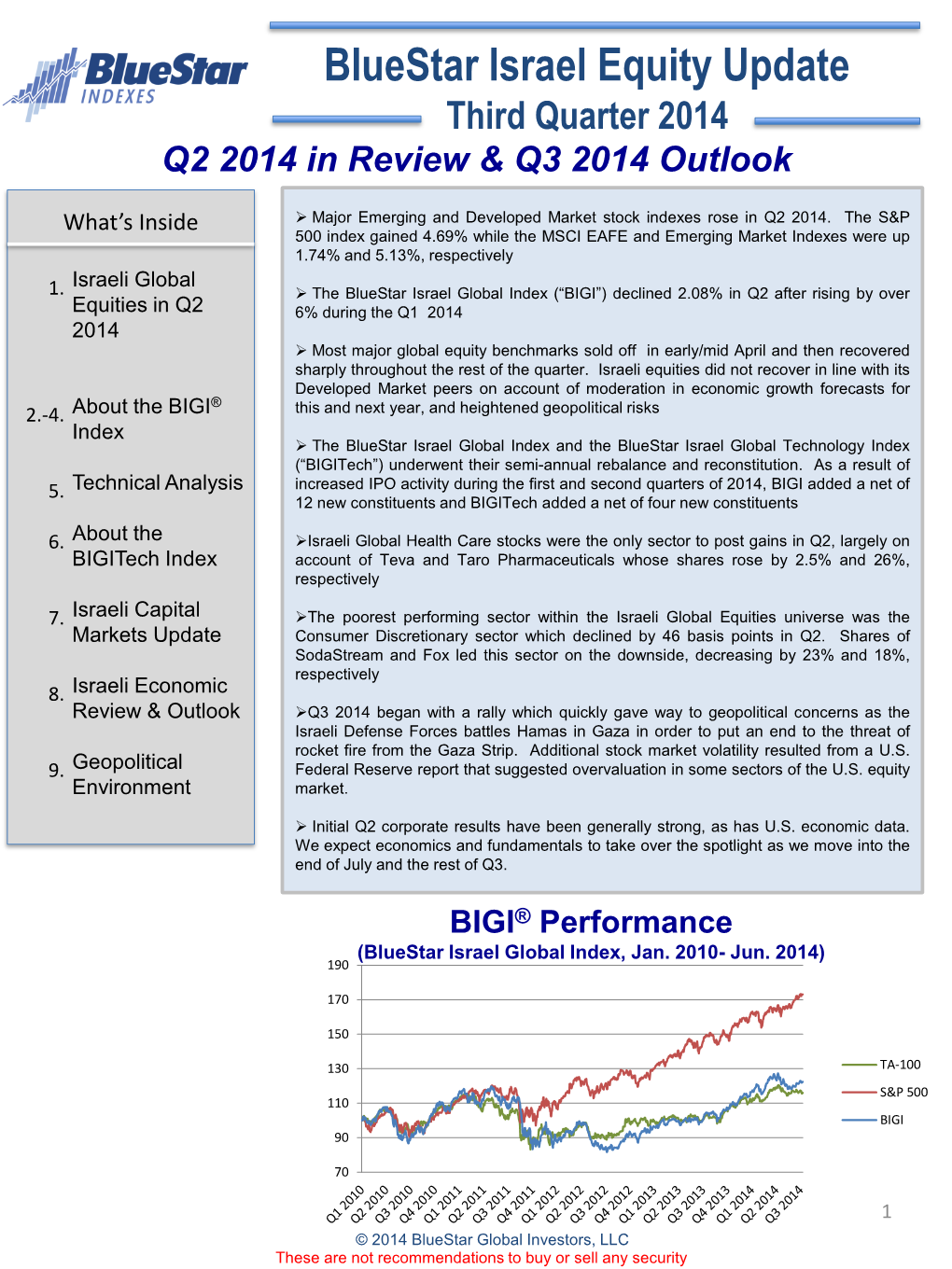 Bluestar Israel Equity Update Third Quarter 2014 Q2 2014 in Review & Q3 2014 Outlook