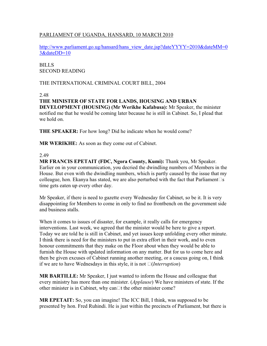 PARLIAMENT of UGANDA, HANSARD, 10 MARCH 2010 3&Datedd=10