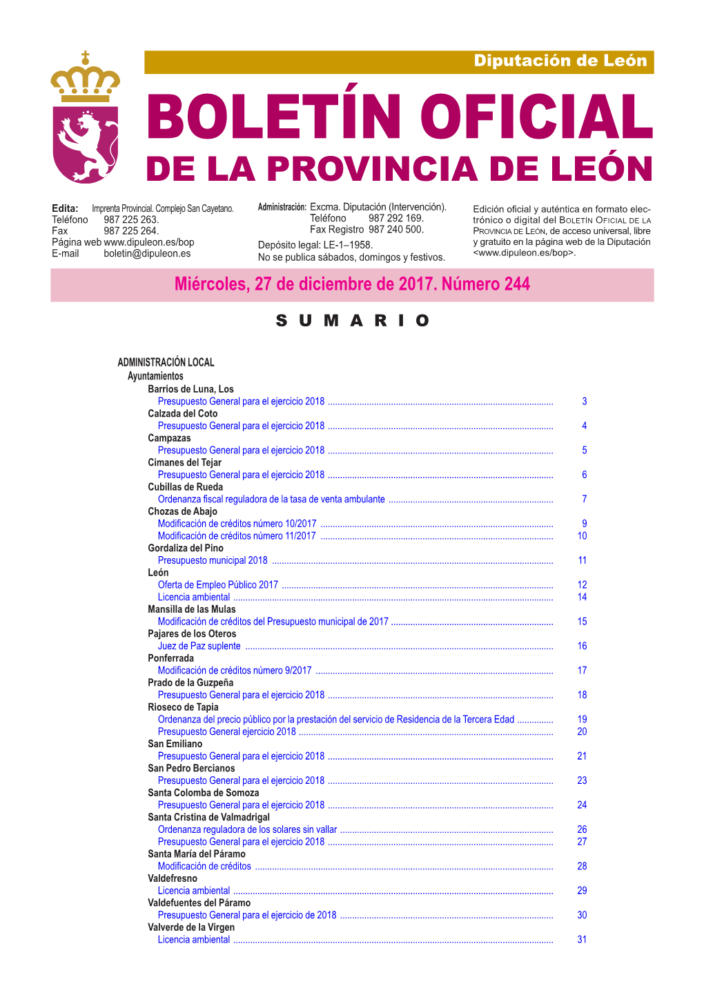 BOLETÍN OFICIAL DE LA PROVINCIA DE LEÓN Edita: Imprenta Provincial