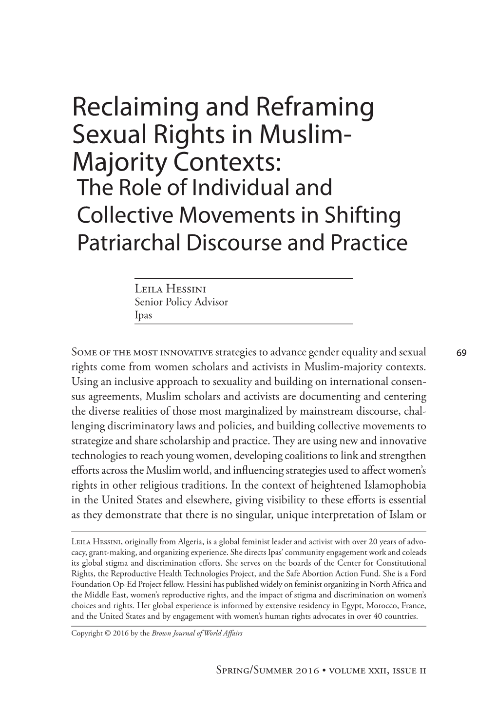 Reclaiming and Reframing Sexual Rights in Muslim- Majority Contexts: the Role of Individual and Collective Movements in Shifting Patriarchal Discourse and Practice