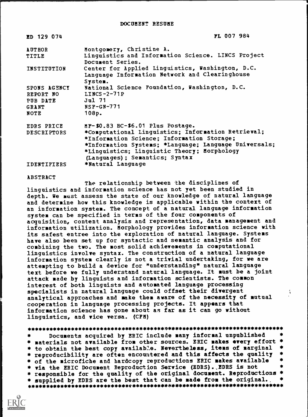 Linguistics and Information Science. LINCS Project Document Series