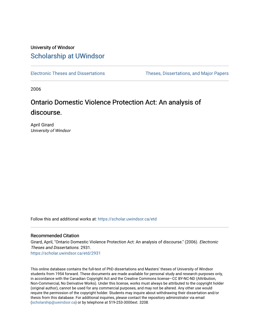 Ontario Domestic Violence Protection Act: an Analysis of Discourse