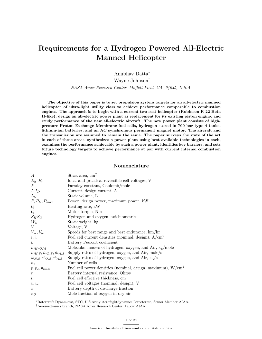 Requirements for a Hydrogen Powered All-Electric Manned Helicopter