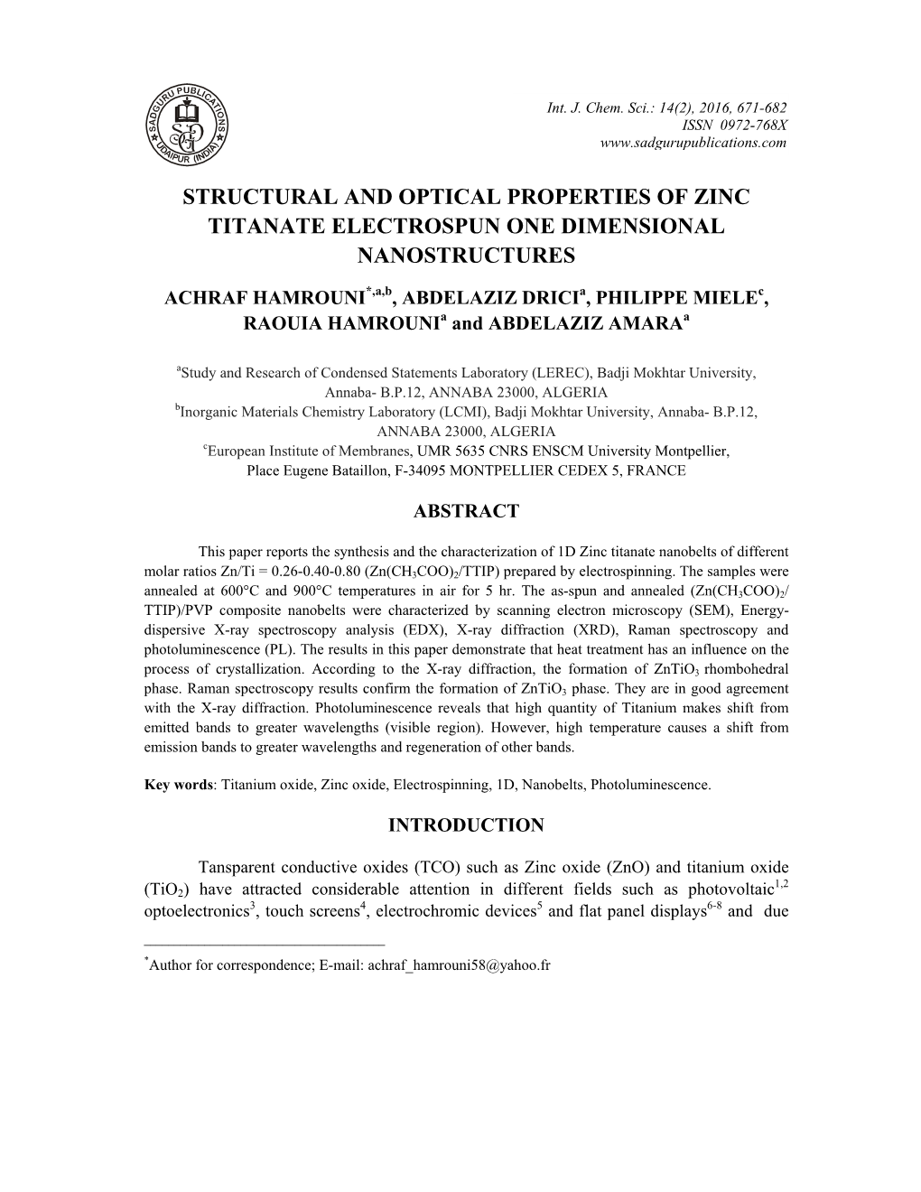 Structural and Optical Properties of Zinc Titanate Electrospun One Dimensional Nanostructures
