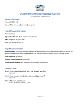 Environment and Natural Resources Trust Fund 2021 Request for Proposal General Information Proposal ID: 2021-362
