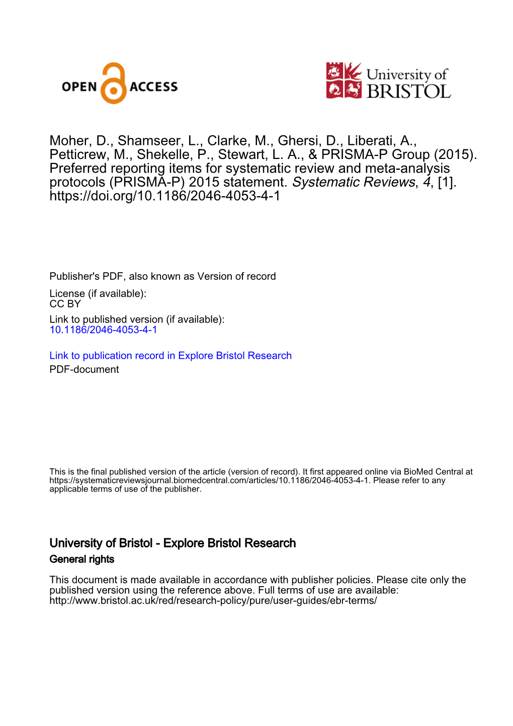 Preferred Reporting Items for Systematic Review and Meta-Analysis Protocols (PRISMA-P) 2015 Statement