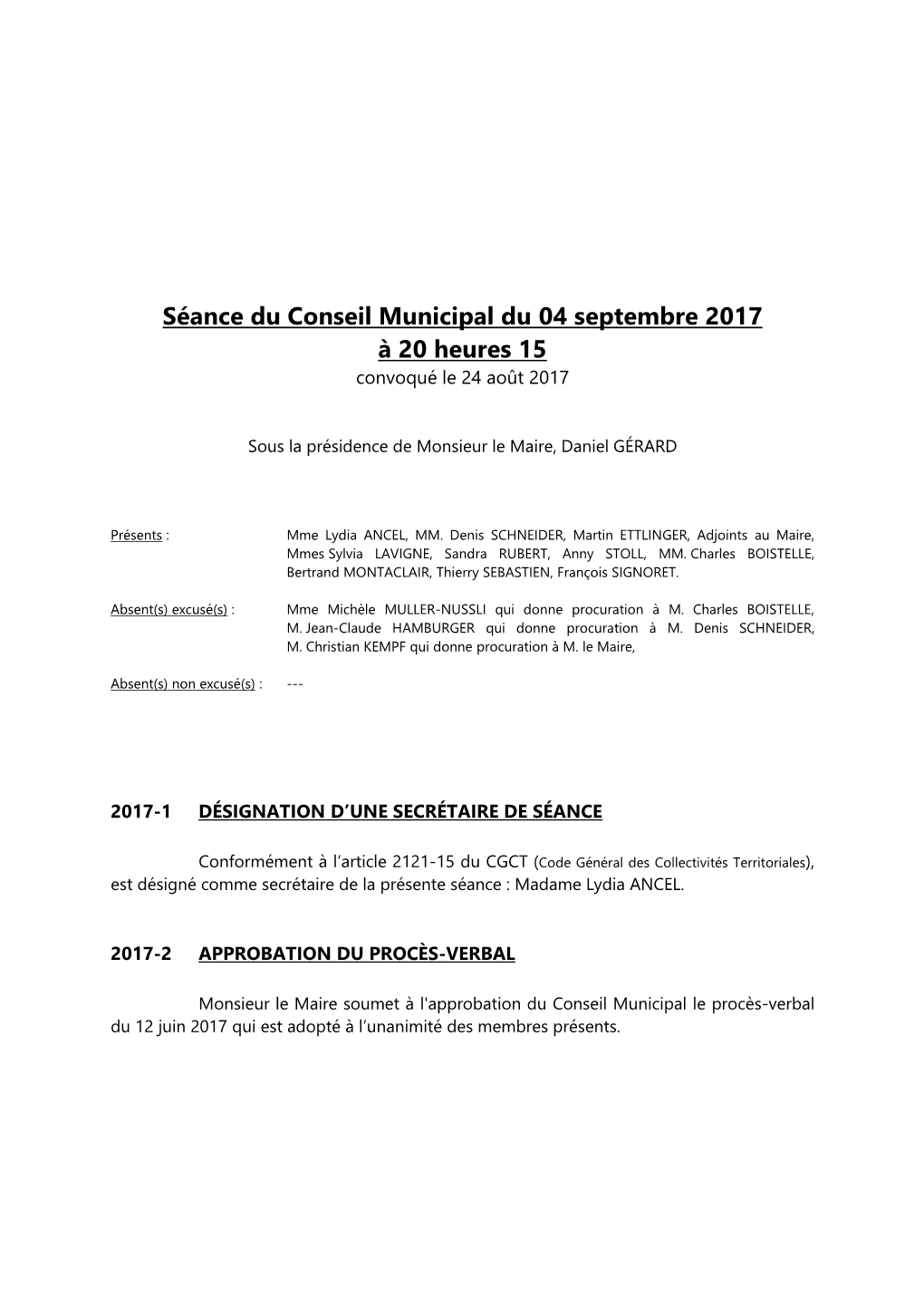 Séance Du Conseil Municipal Du 04 Septembre 2017 À 20 Heures 15 Convoqué Le 24 Août 2017