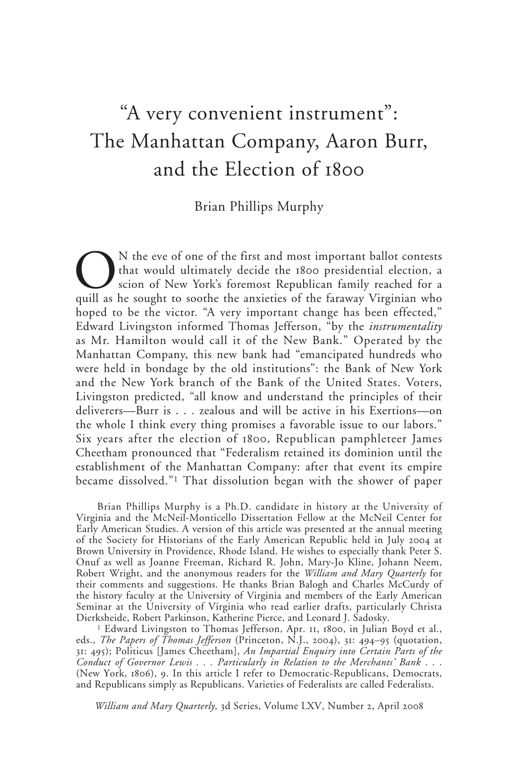 The Manhattan Company, Aaron Burr, and the Election of 1800