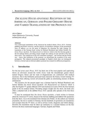 Reception of the American, German and Polish Gregory House and Varied Translations of the Pronoun You
