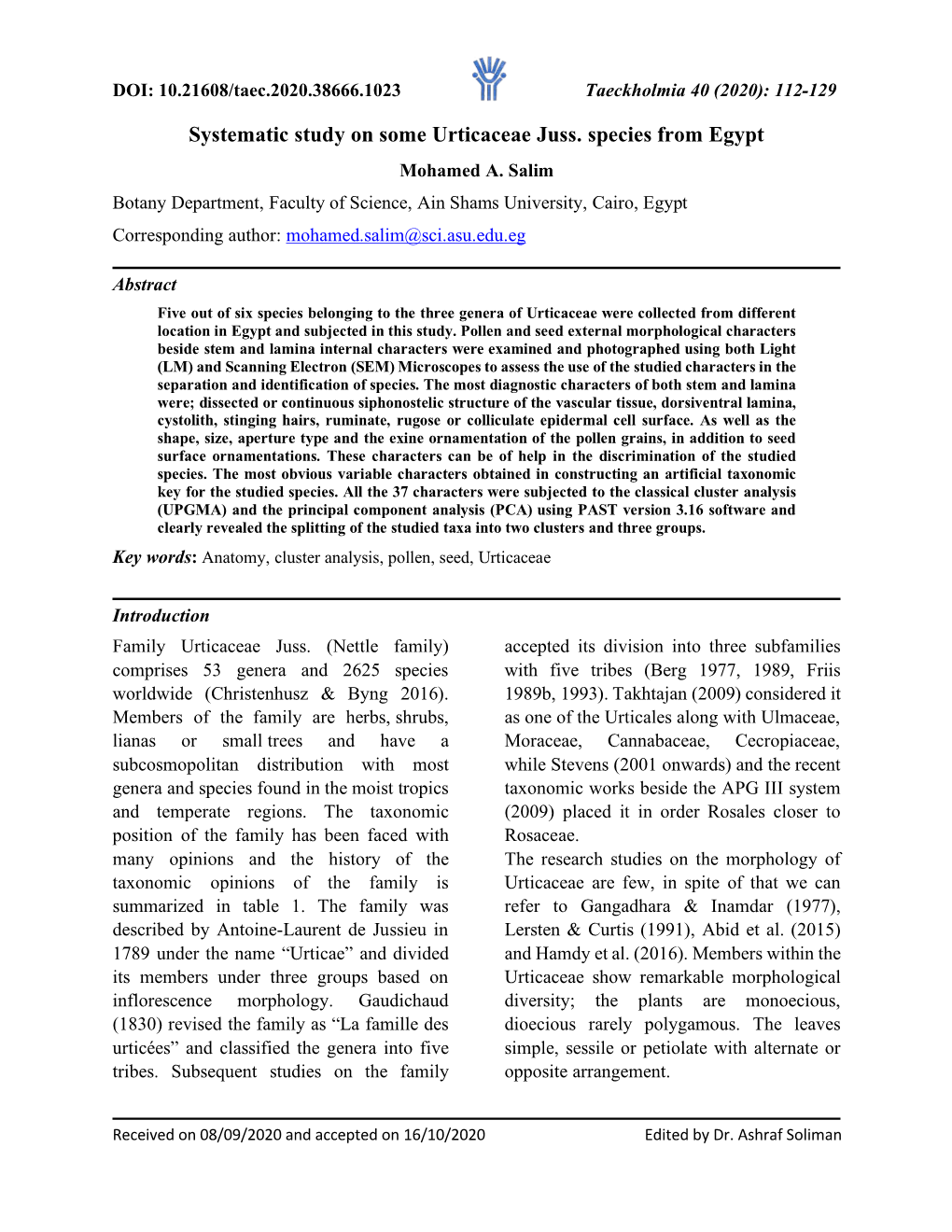 Systematic Study on Some Urticaceae Juss. Species from Egypt Mohamed A