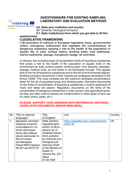Questionnaire for Existing Sampling, Laboratory and Evaluation Methods
