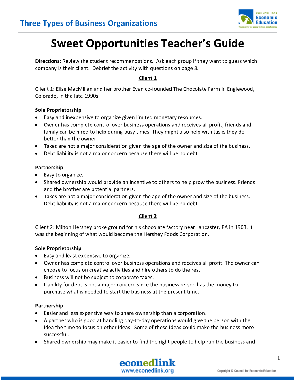 Sweet Opportunities Teacher's Guide