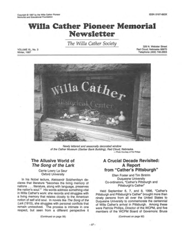 Villa Cather Pioneer Memorial Newsletter the Willa Cather Society 326 N