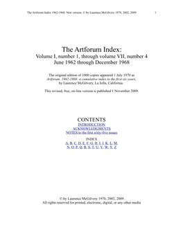 The Artforum Index: Volume I, Number 1, Through Volume VII, Number 4 June 1962 Through December 1968