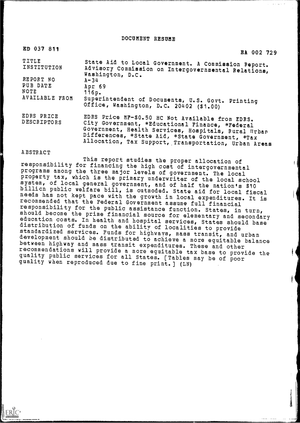 ED 037 811 PUB DATE AVAILABLE from EDRS PRICE DESCRIPTORS DOCUMENT RESUME State Aid to Local Government, a Commission Report. Ad