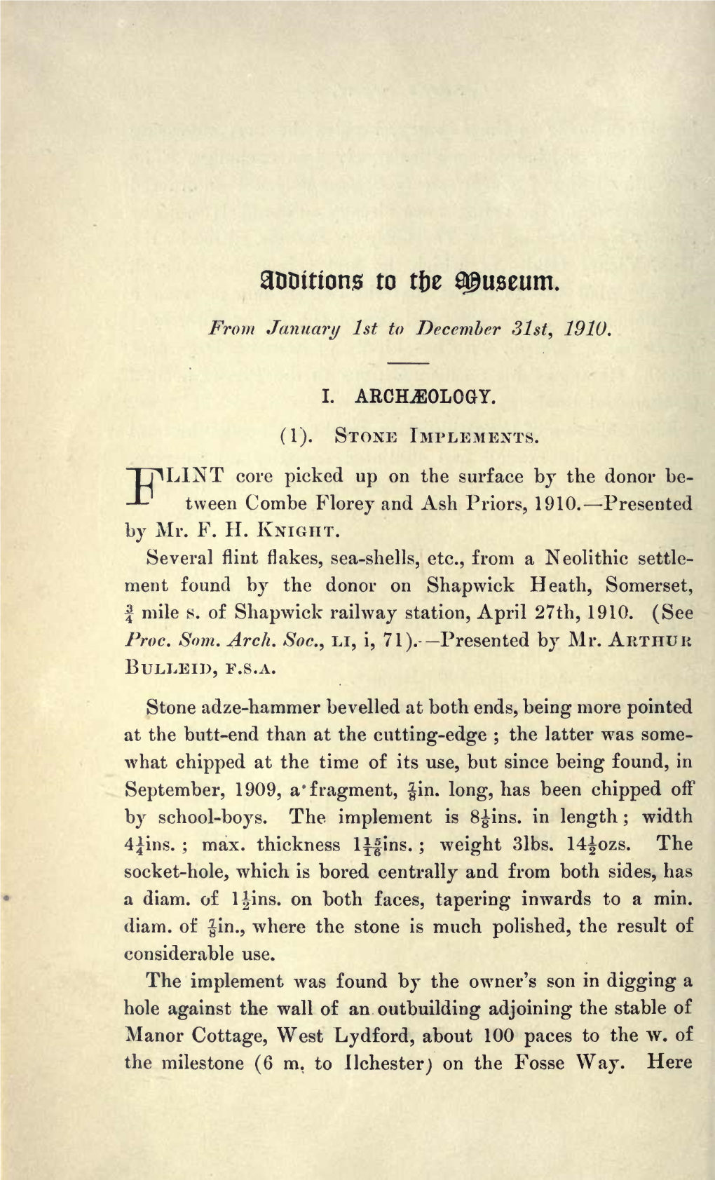ARCHAEOLOGY. STONE IMPLEMENTS. by Mr. F. H. KNIGHT