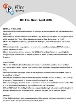 BFI Film Quiz - April 2016