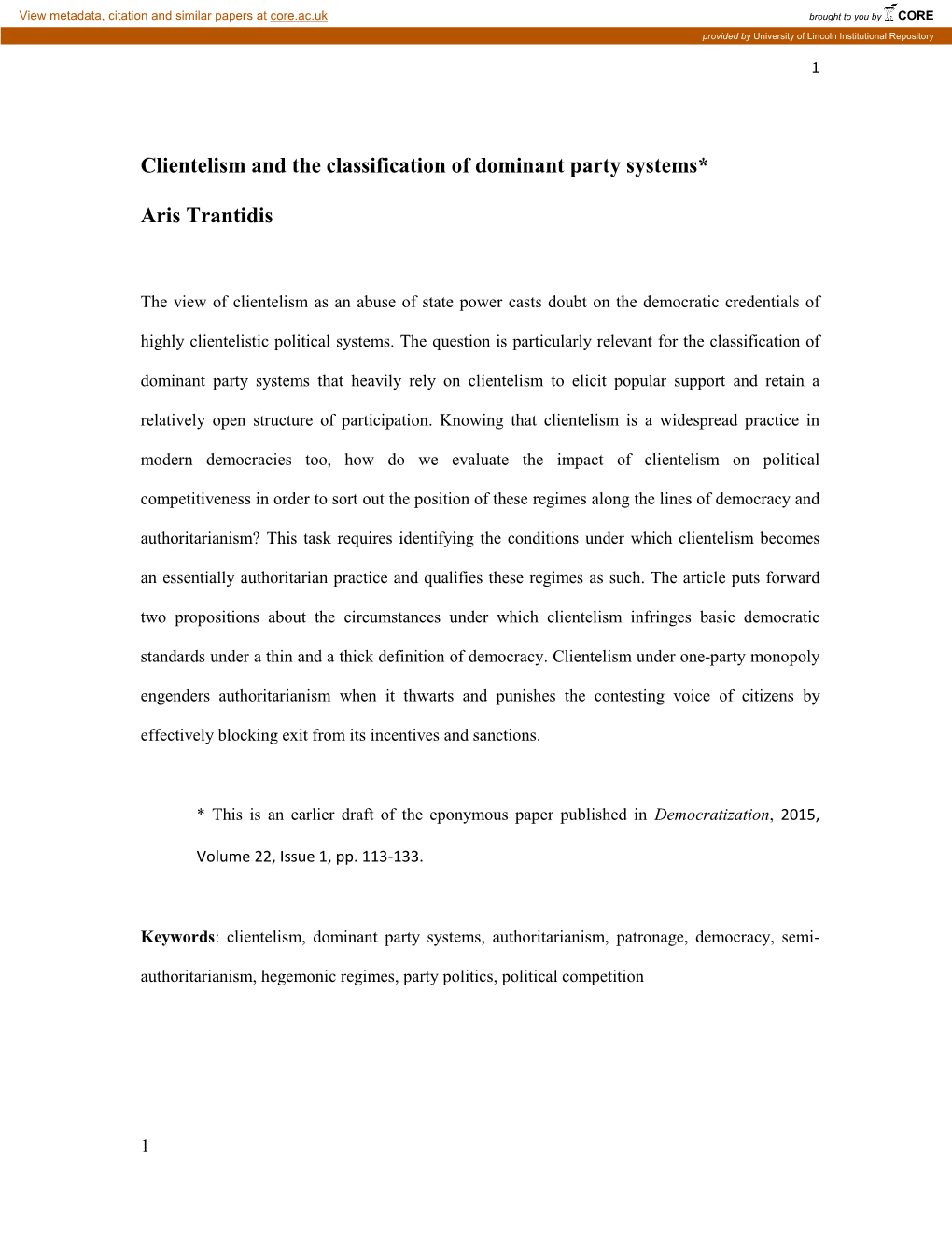 Clientelism and the Classification of Dominant Party Systems*