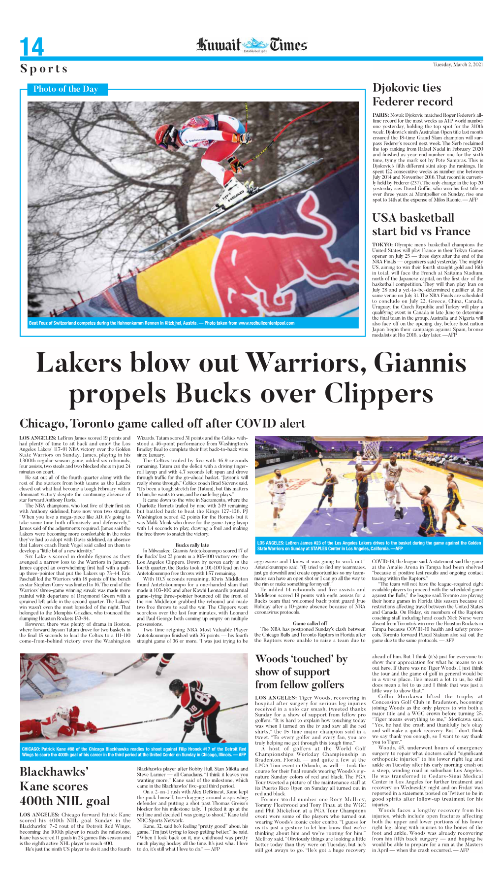 Lakers Blow out Warriors, Giannis Propels Bucks Over Clippers Chicago, Toronto Game Called Off After COVID Alert
