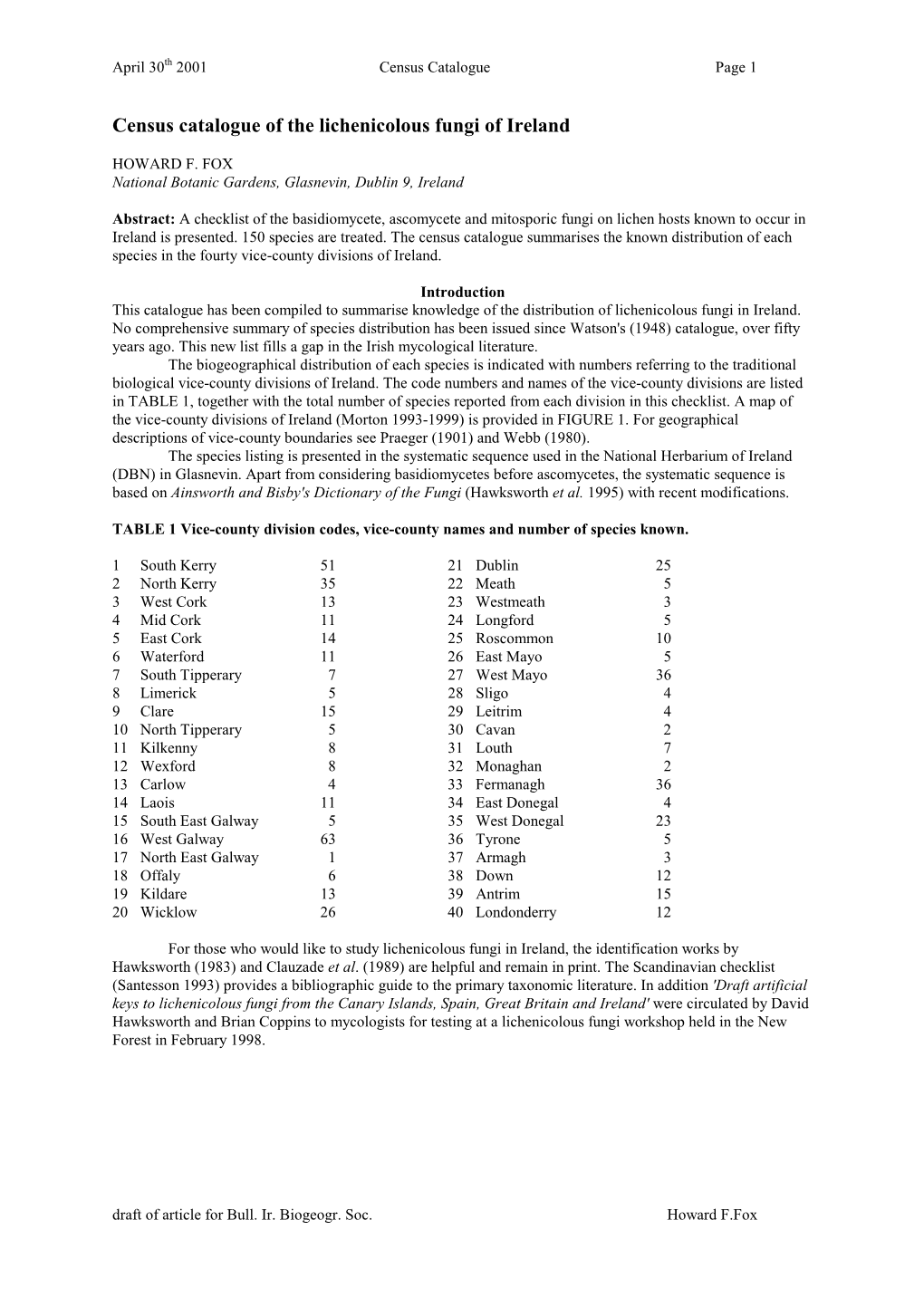 Census Catalogue of the Lichenicolous Fungi of Ireland