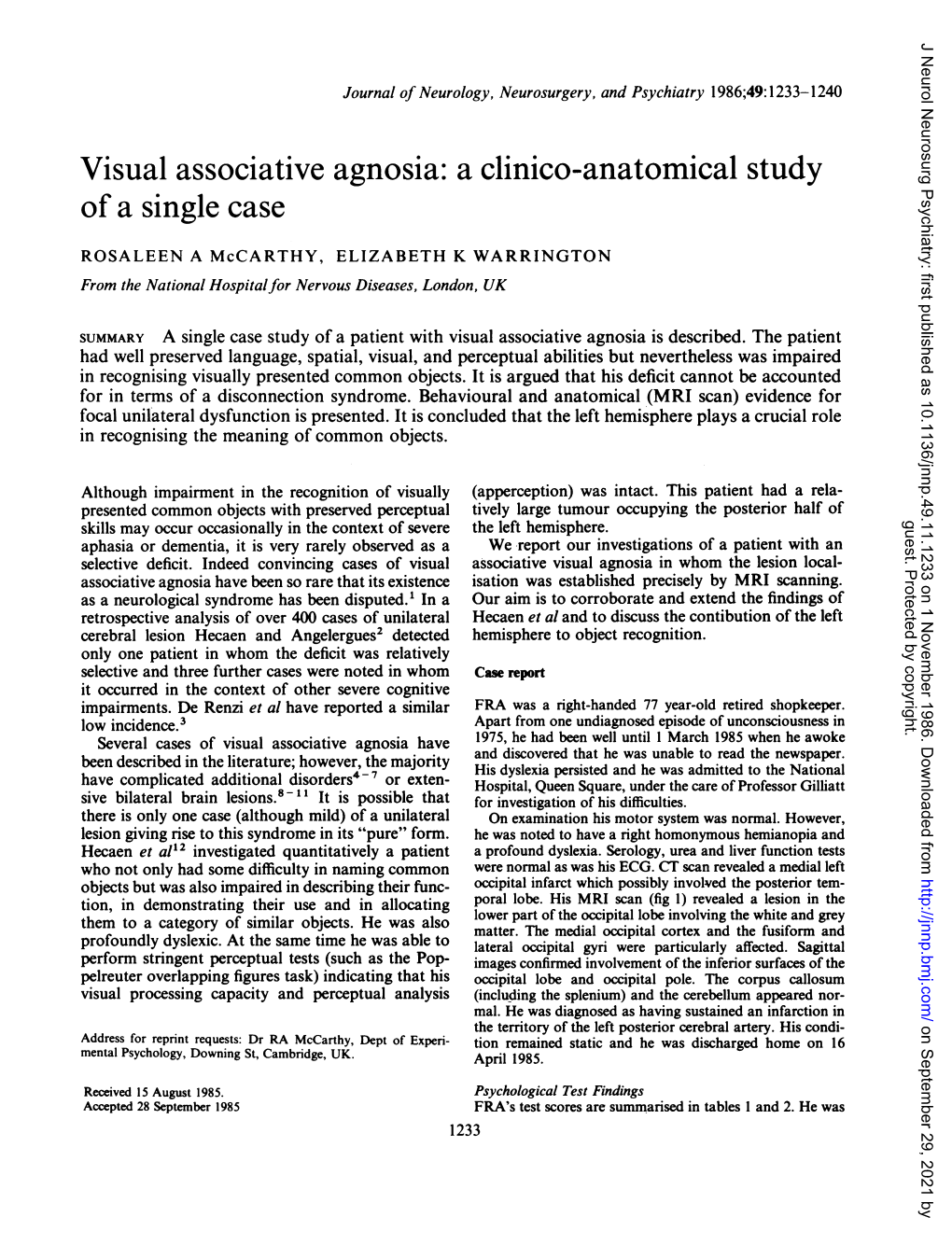 Visual Associative Agnosia: a Clinico-Anatomical Study of a Single Case