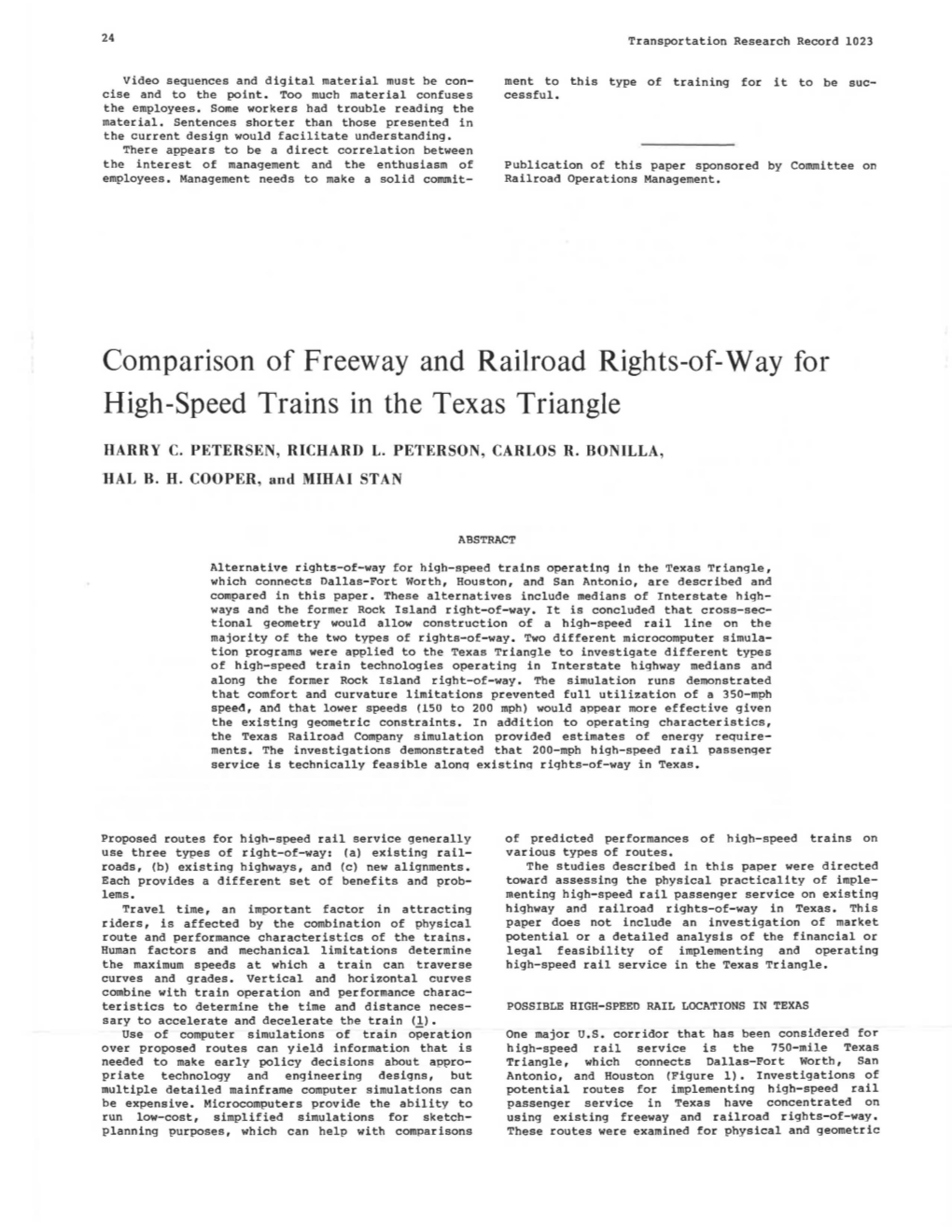 Comparison of Freeway and Railroad Rights-Of-Way for High-Speed Trains in the Texas Triangle