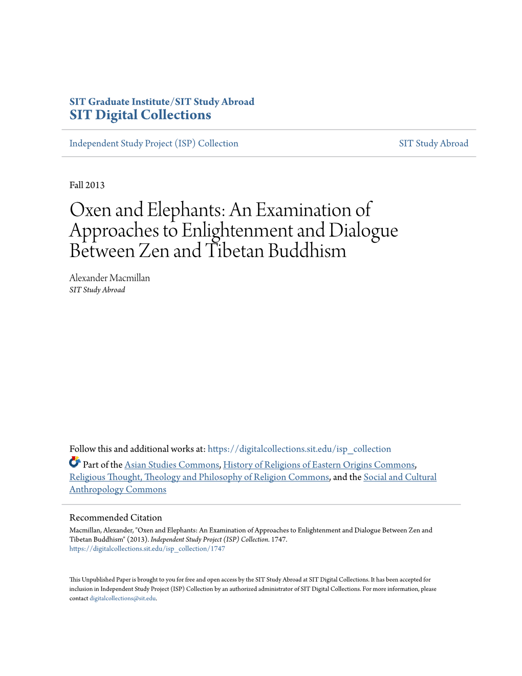 An Examination of Approaches to Enlightenment and Dialogue Between Zen and Tibetan Buddhism Alexander Macmillan SIT Study Abroad