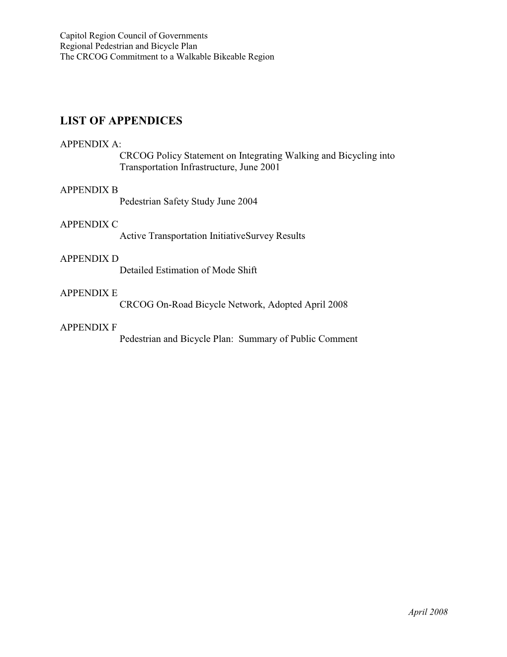 List of Appendices