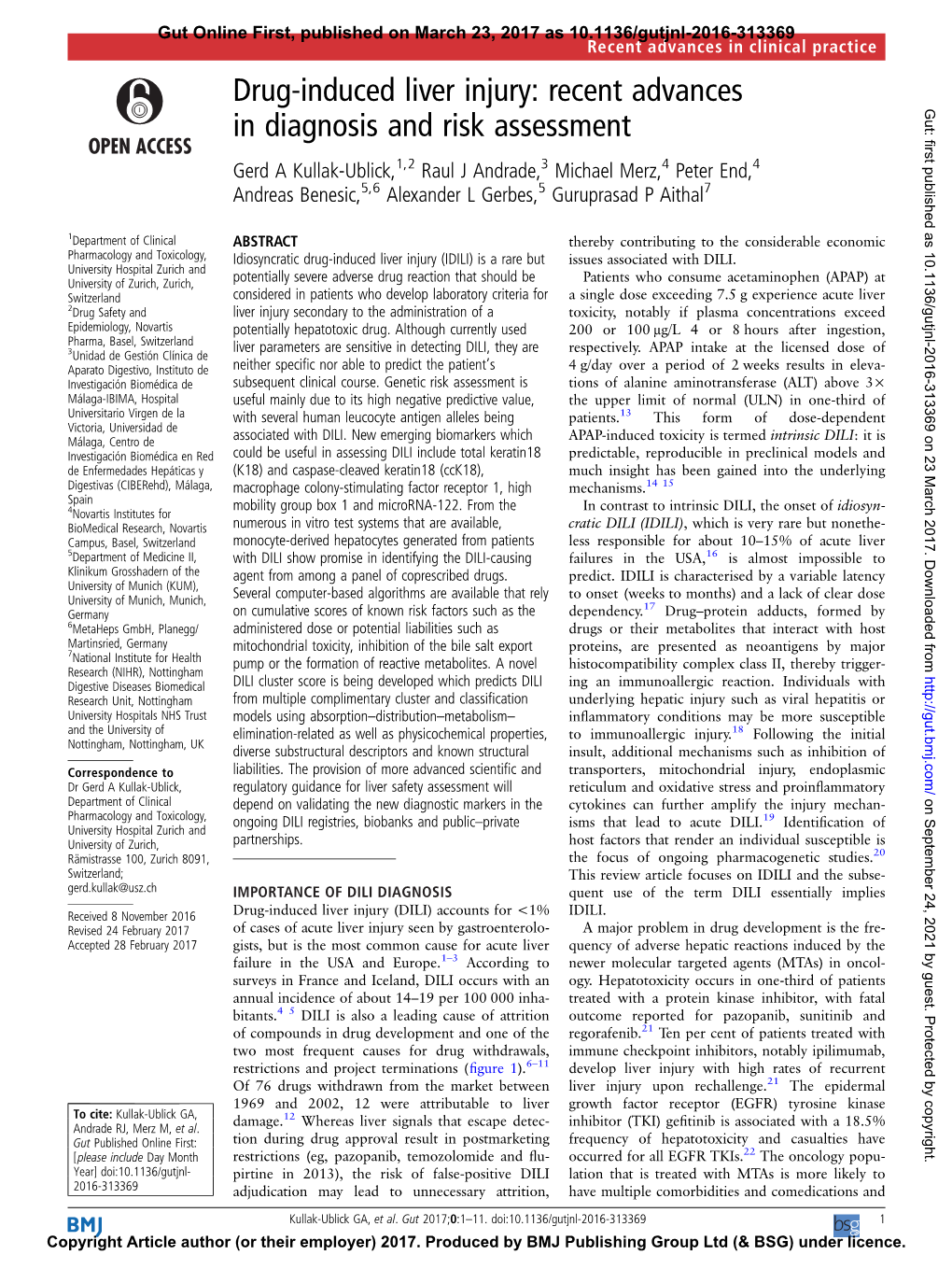 Drug-Induced Liver Injury: Recent Advances Gut: First Published As 10.1136/Gutjnl-2016-313369 on 23 March 2017