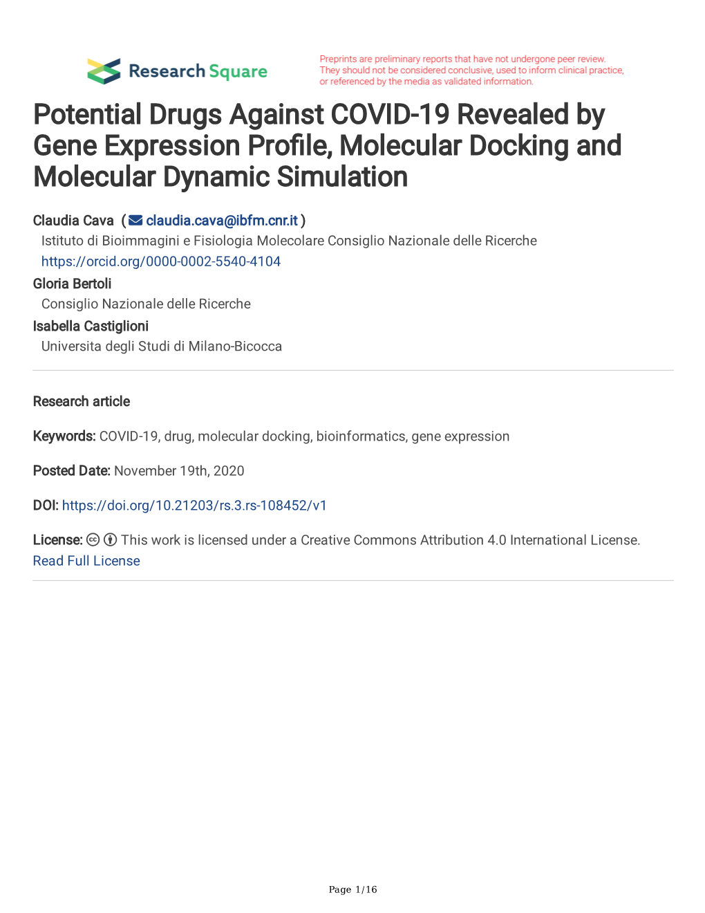 Potential Drugs Against COVID-19 Revealed by Gene Expression Profle, Molecular Docking and Molecular Dynamic Simulation