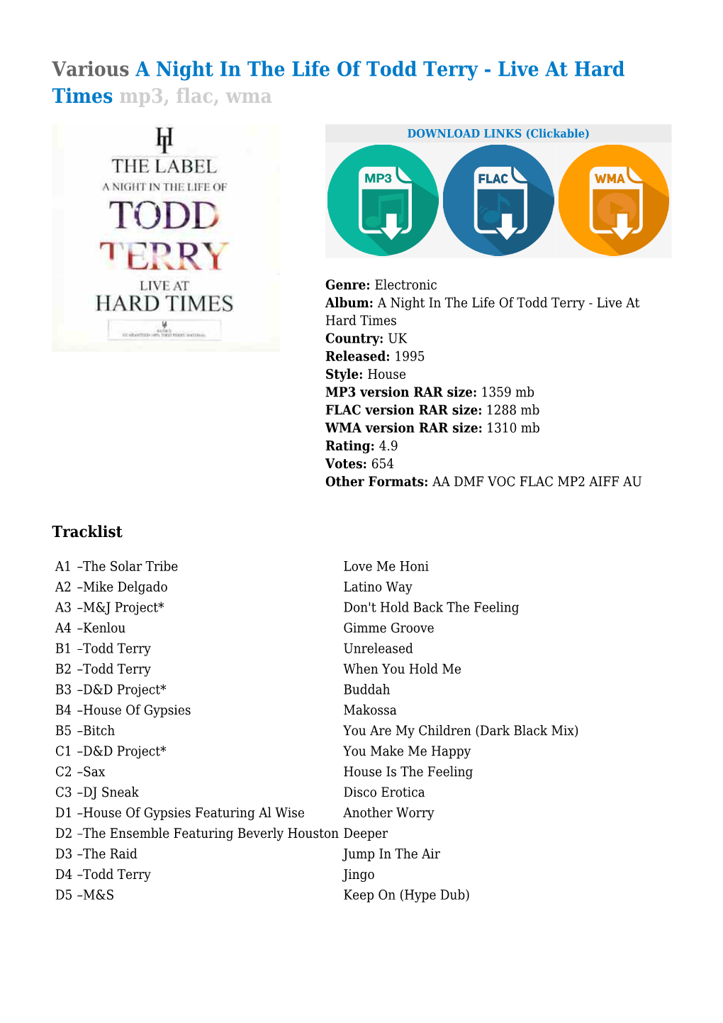 Various a Night in the Life of Todd Terry - Live at Hard Times Mp3, Flac, Wma