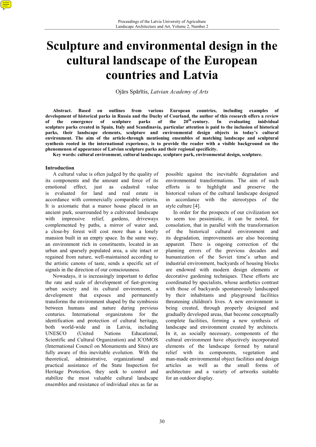 Sculpture and Environmental Design in the Cultural Landscape of the European Countries and Latvia