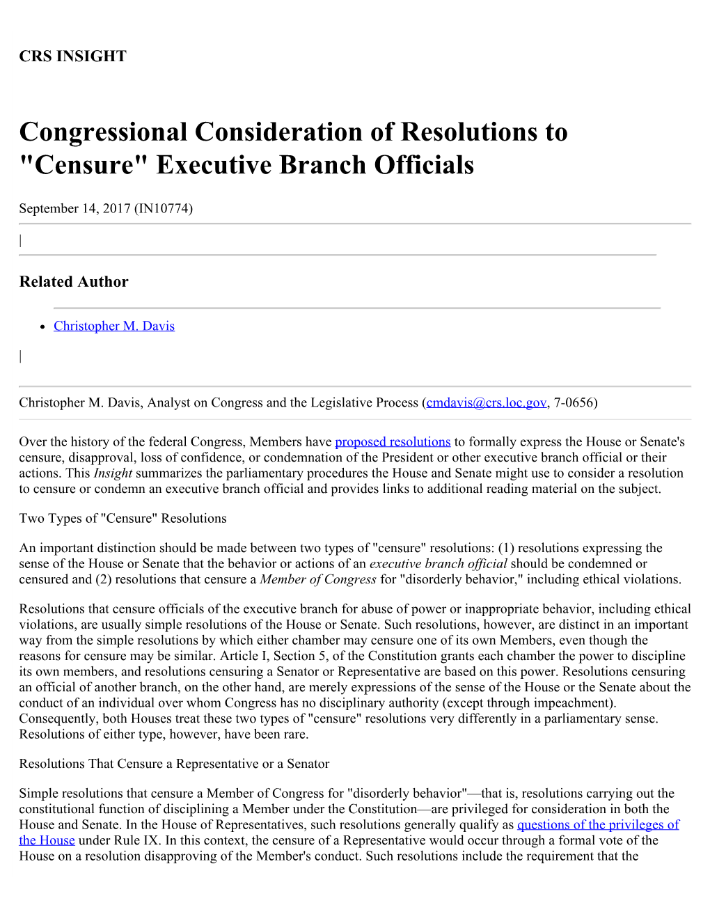 Congressional Consideration of Resolutions to "Censure" Executive Branch Officials