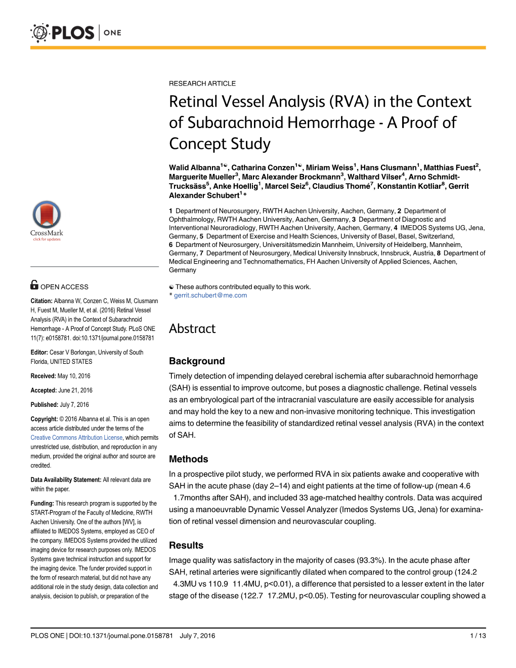 Retinal Vessel Analysis (RVA) in the Context of Subarachnoid Hemorrhage - a Proof of Concept Study