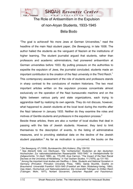 The Role of Antisemitism in the Expulsion of Non-Aryan Students, 1933-1945 Béla Bodo