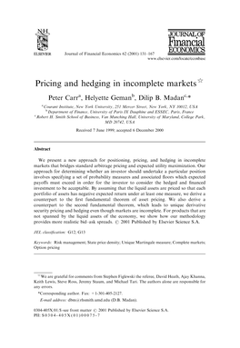 Pricing and Hedging in Incomplete Markets$